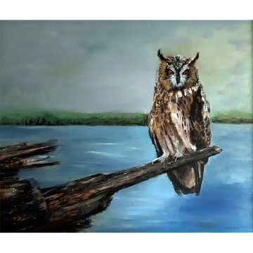 Uil op boomtak, olie op doek, 50x60