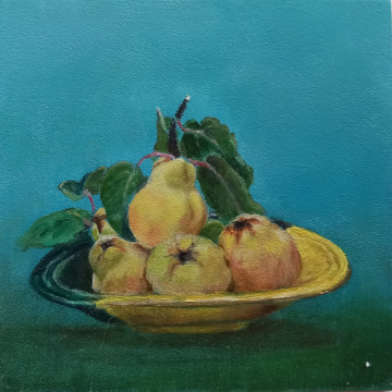 Schaal met peertjes, olie op paneel, 13x13